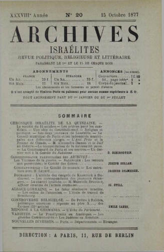 Archives israélites de France. Vol.38 N°20 (15 oct. 1877)